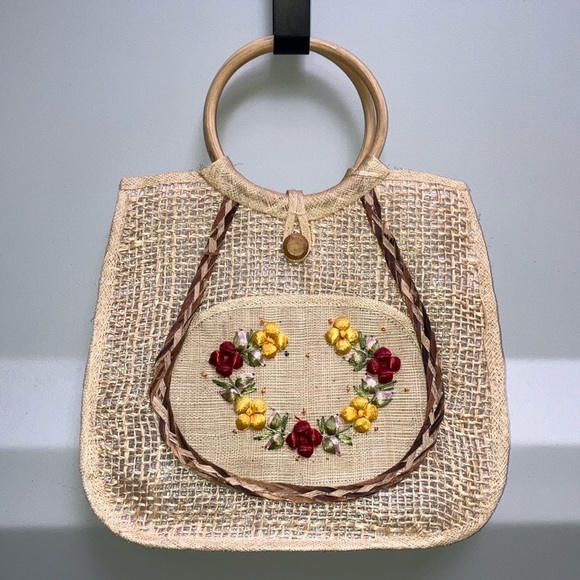 Handbags - Cream and Red Floral Tote with Bamboo Handles
